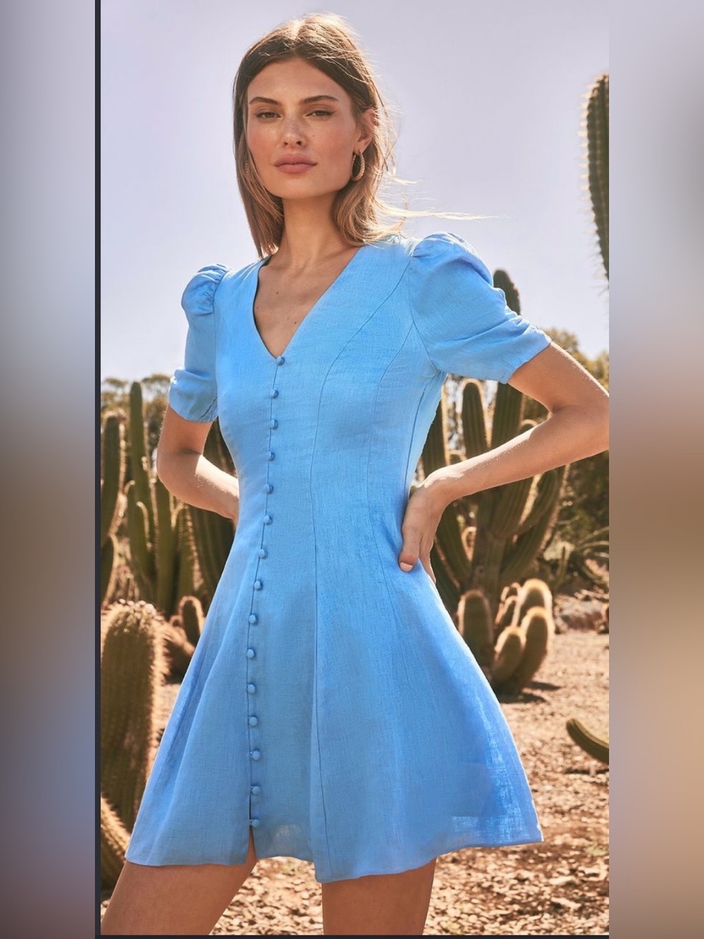 NWT Ever New Curve 100% Linen Blue Puff Sleeve Button Front Dress US 12